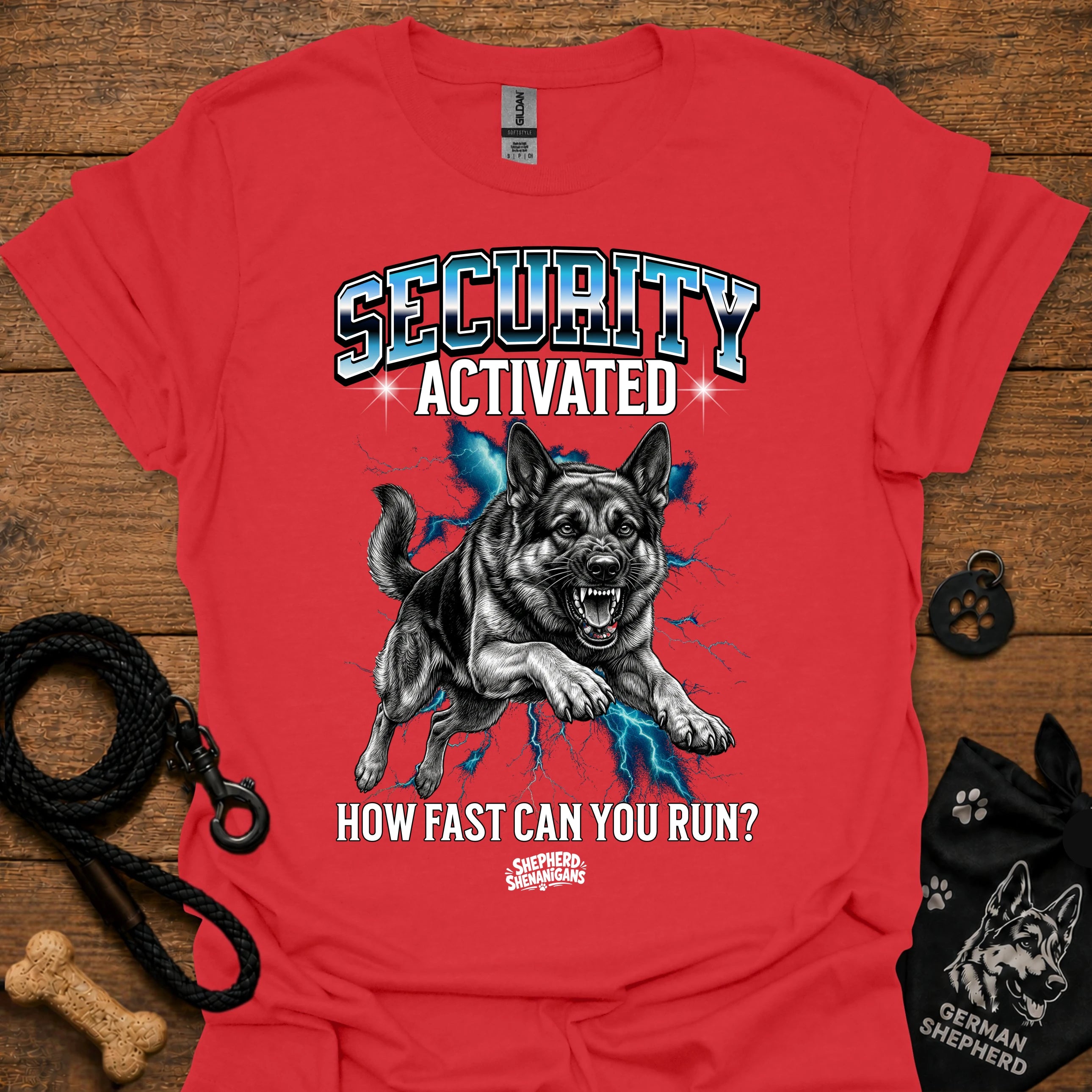 Red security-themed German shepherd graphic T-shirt, front 'Security Activated' print