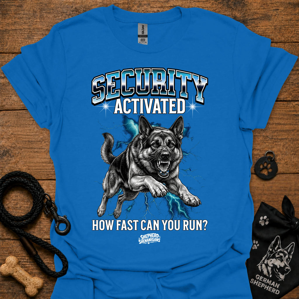 Royal blue security-themed German shepherd graphic T-shirt with 'Security Activated' front text