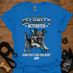 Royal blue security-themed German shepherd graphic T-shirt with 'Security Activated' front text