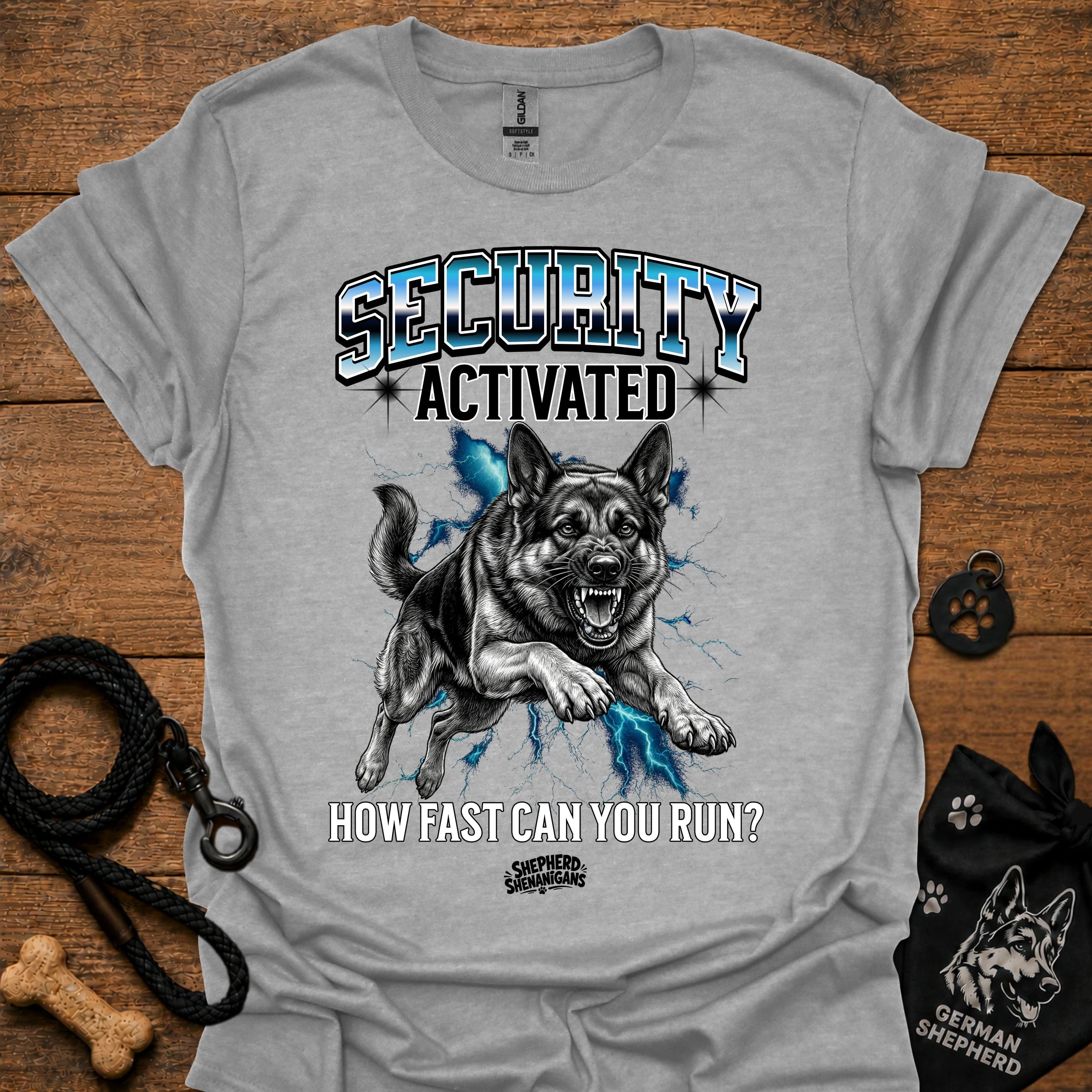 Heather gray security-themed German shepherd graphic T-shirt, 'Security Activated' front print
