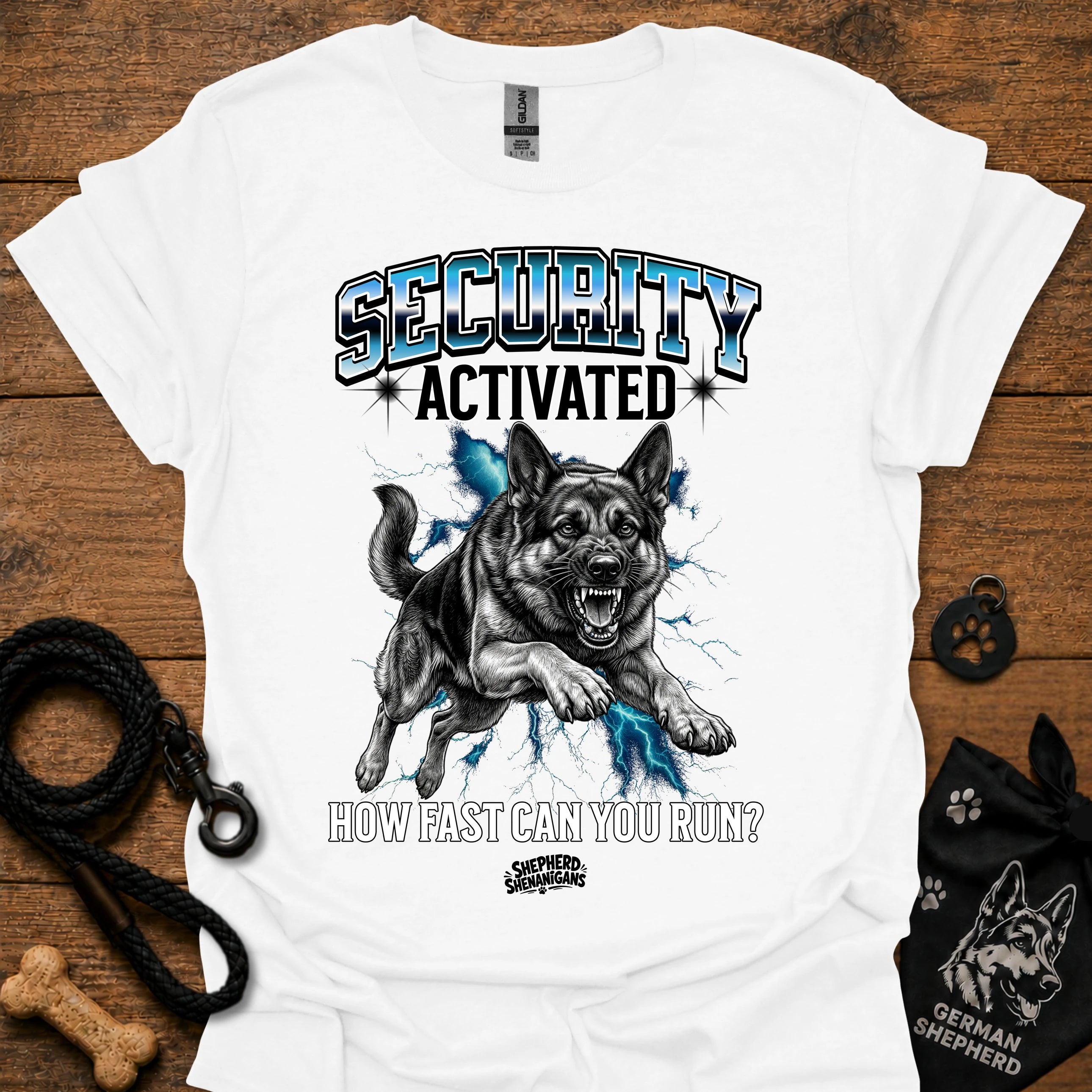 White security-themed German shepherd graphic T-shirt with 'Security Activated' front print
