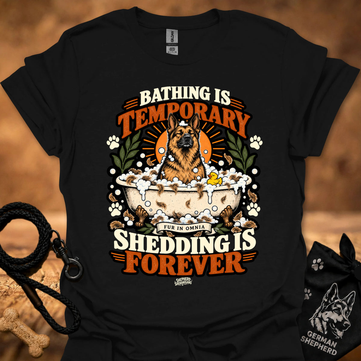 Black T-shirt with orange dog graphic and 'Shedding is Forever' text