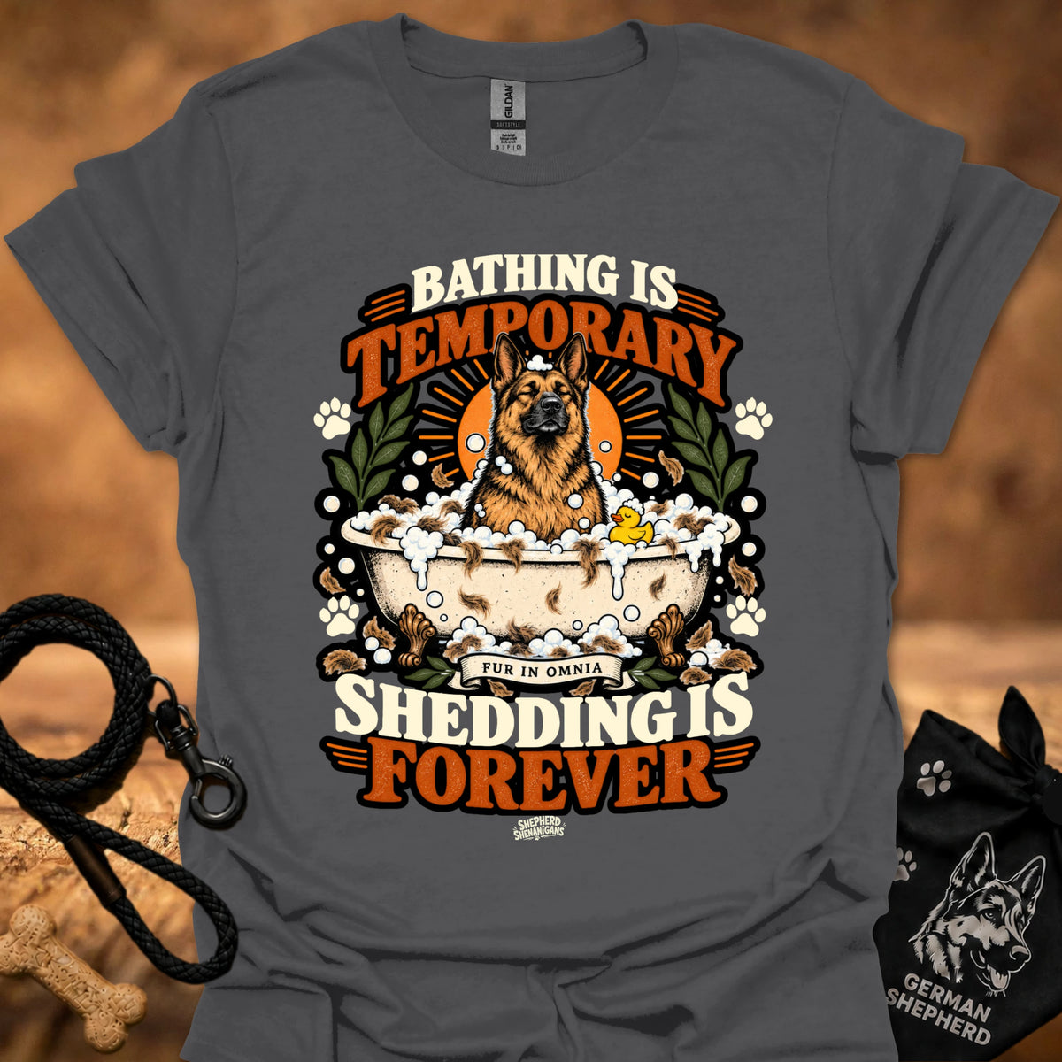Charcoal T-shirt with orange dog graphic and 'Shedding is Forever' text