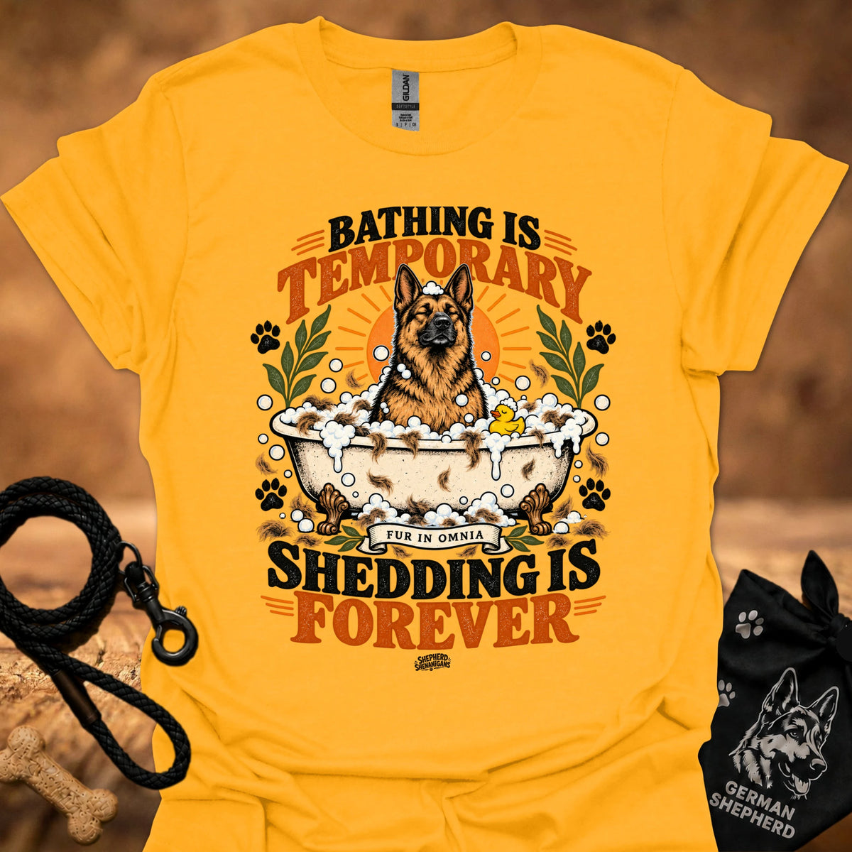 Gold T-shirt with dog graphic and 'Shedding is Forever' text
