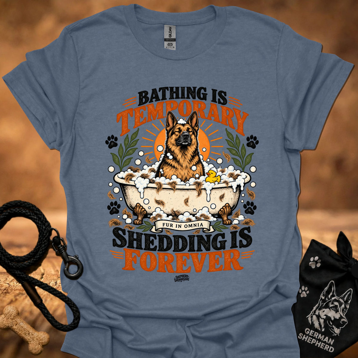 Heather indigo T-shirt with dog graphic and 'Shedding is Forever' text