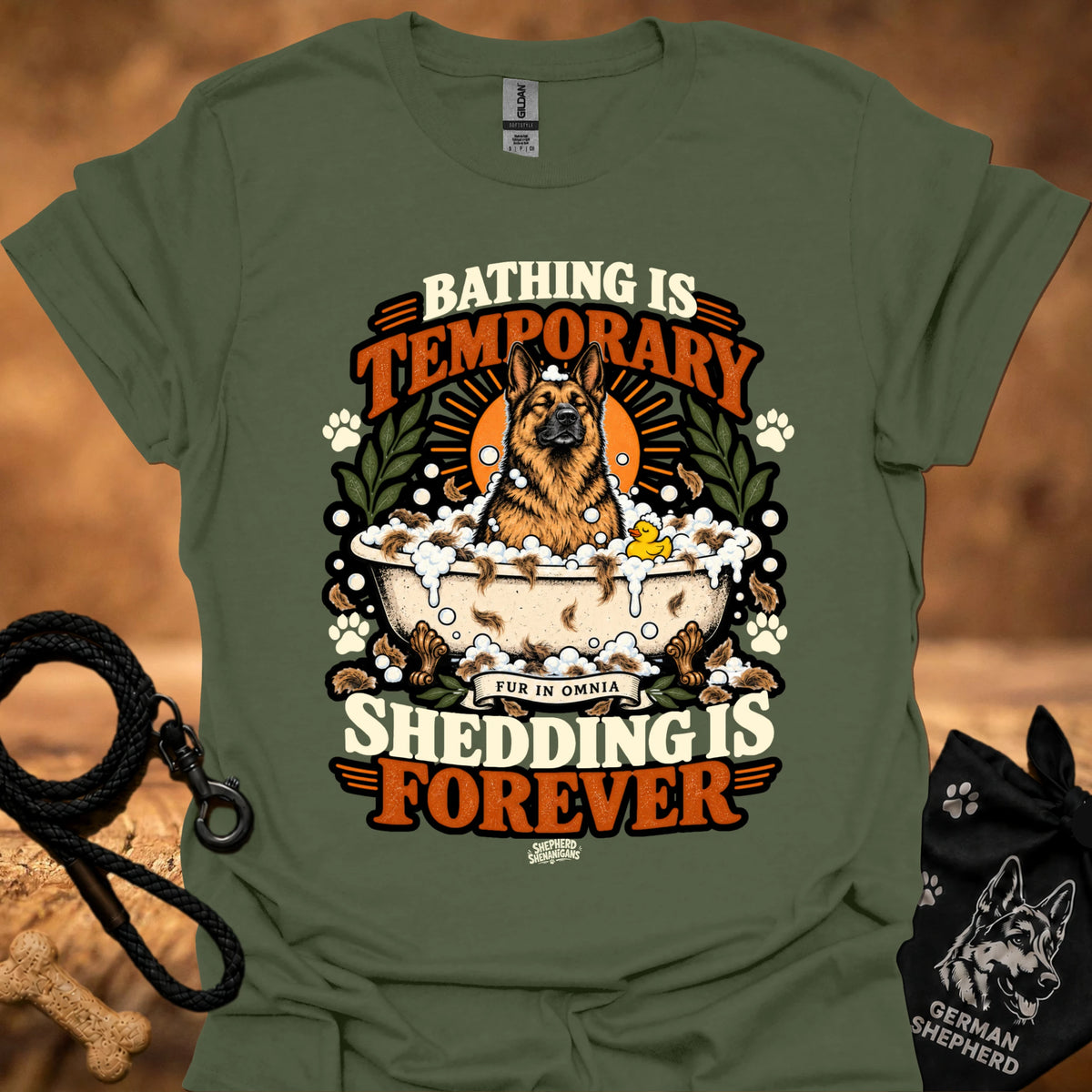 Military green T-shirt with dog graphic and 'Shedding is Forever' text