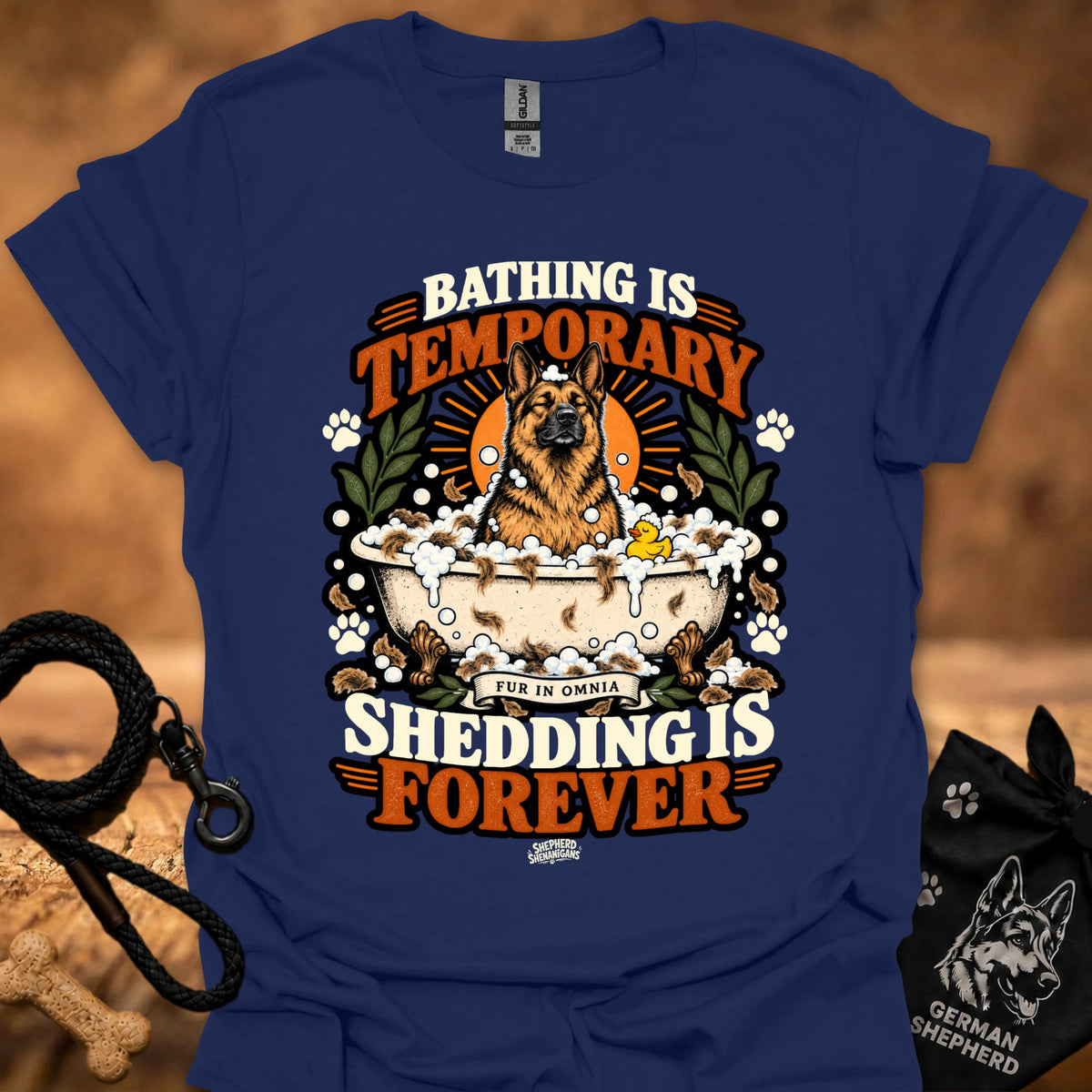 Navy T-shirt with orange dog graphic and 'Shedding is Forever' text