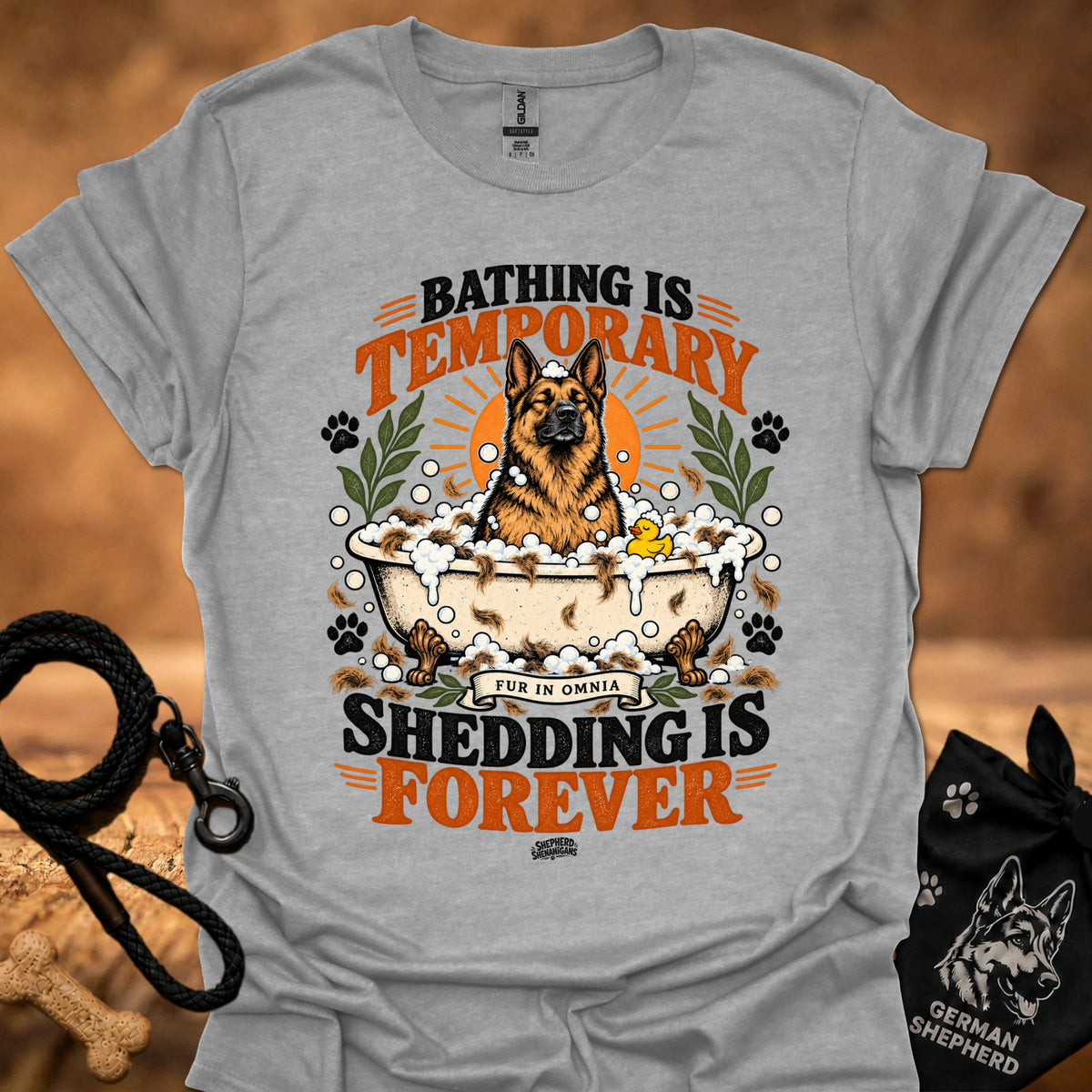 Sport grey T-shirt with dog graphic and 'Shedding is Forever' text