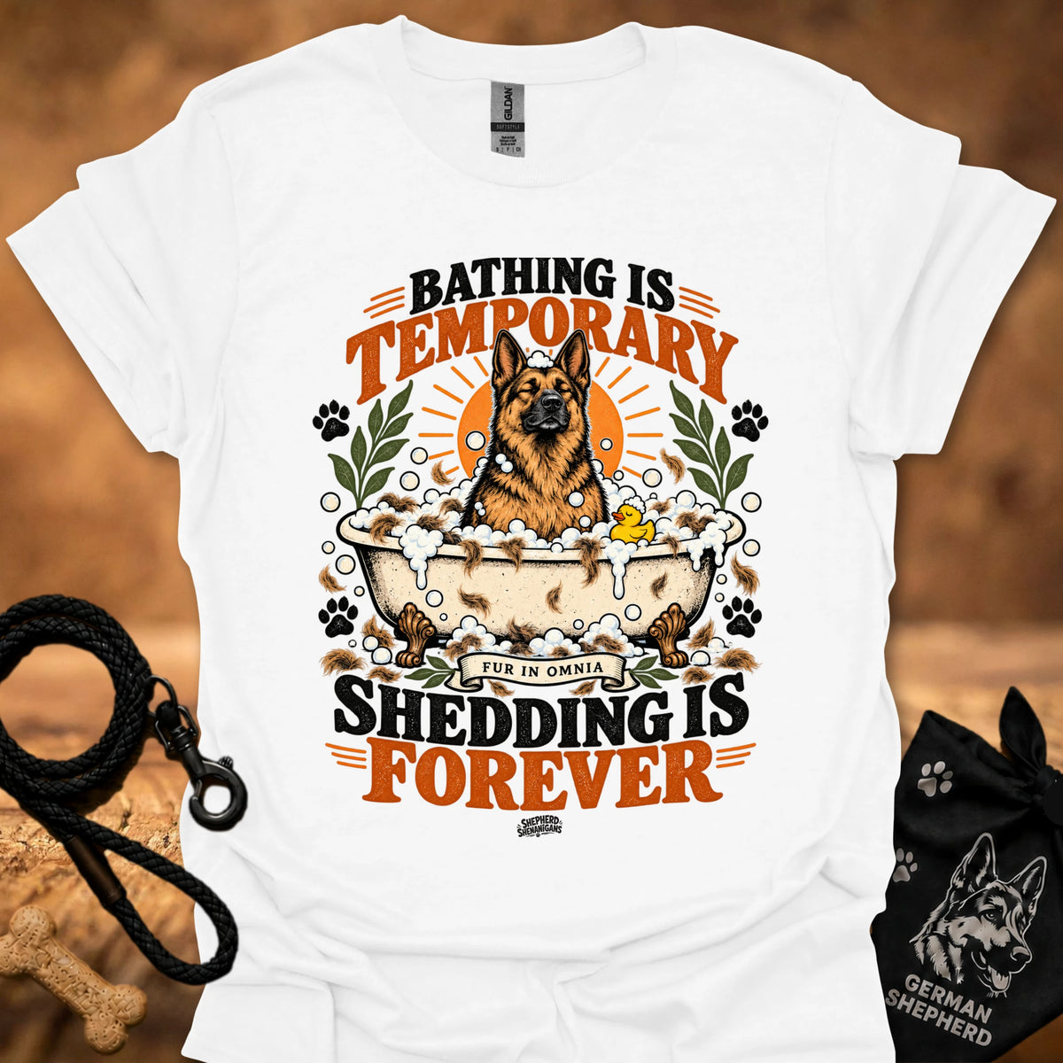 White T-shirt with dog graphic and 'Shedding is Forever' text