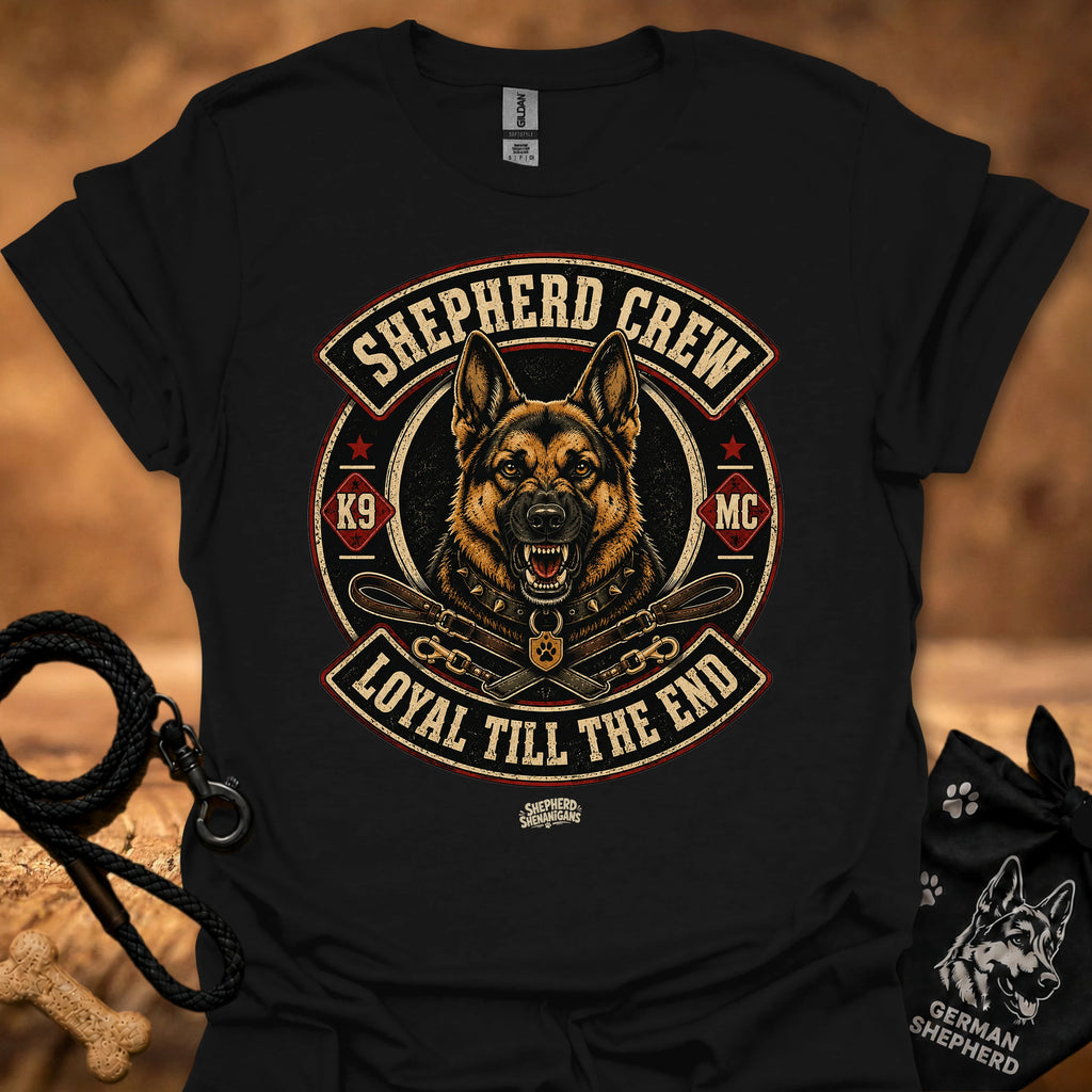 Black crew neck T-shirt with large circular dog graphic centered on the chest
