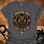 Charcoal crew neck T-shirt with large circular dog graphic on the chest