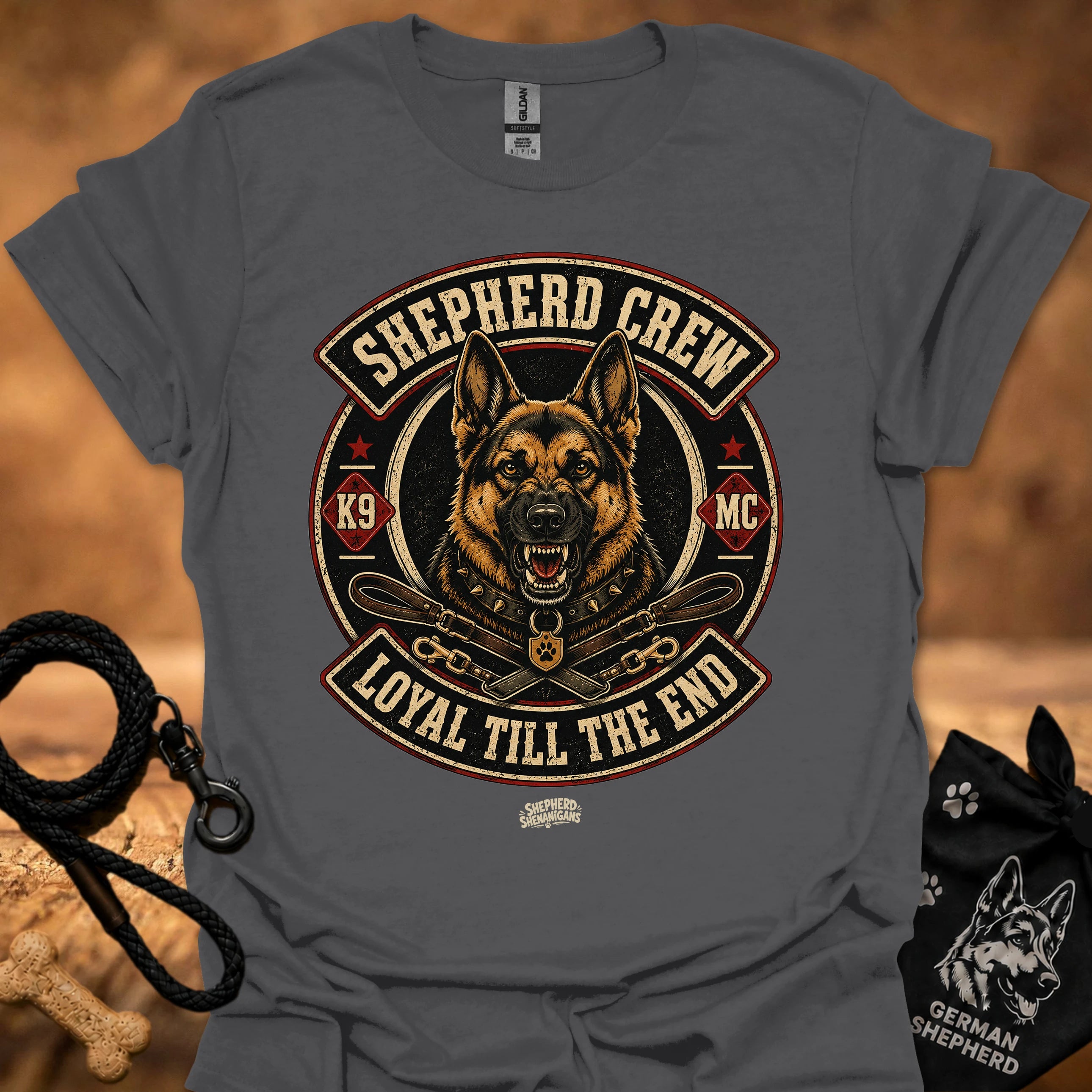Charcoal crew neck T-shirt with large circular dog graphic on the chest