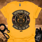 Gold crew neck T-shirt with large circular dog graphic centered on the chest
