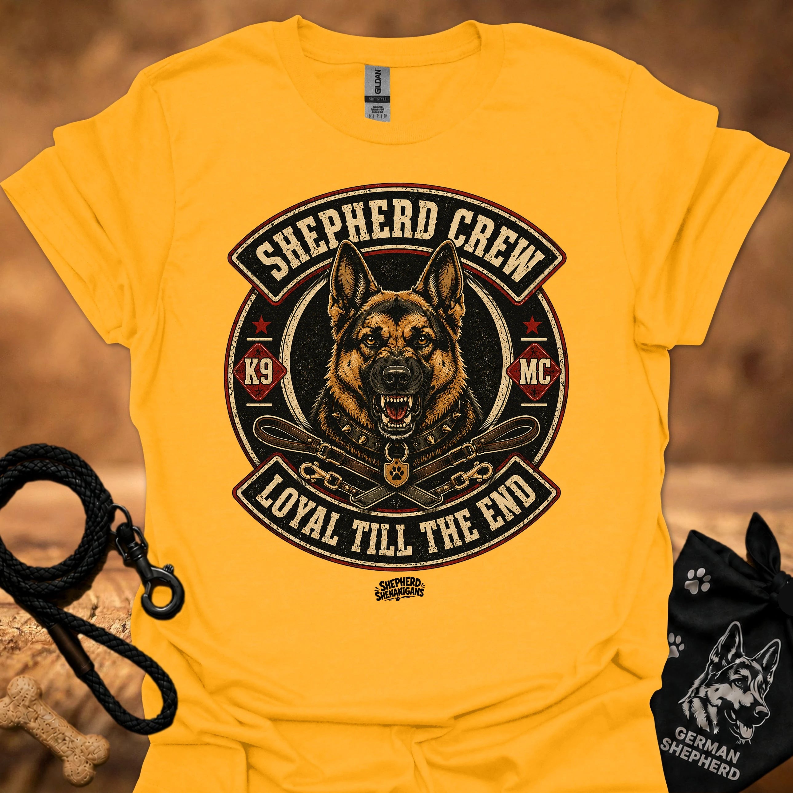 Gold crew neck T-shirt with large circular dog graphic centered on the chest