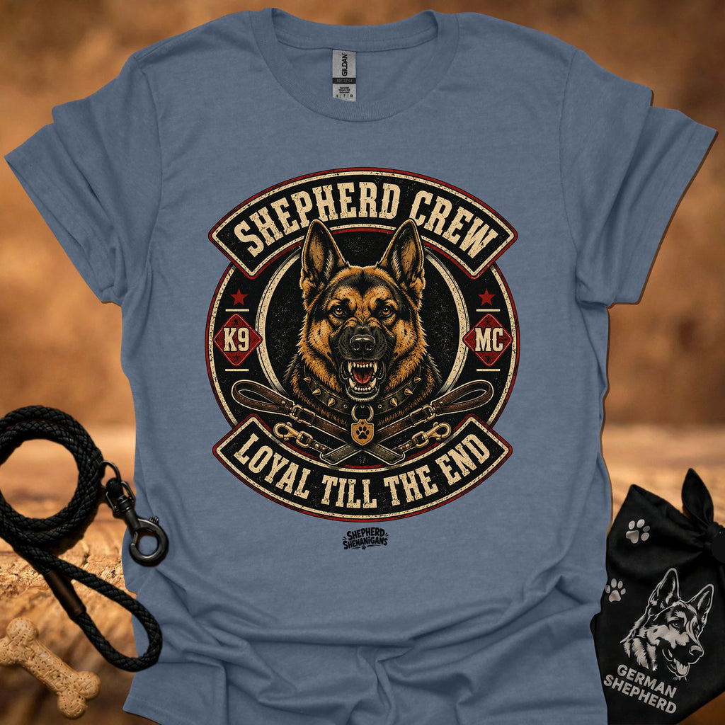 Light blue crew neck T-shirt with large circular dog graphic centered on the chest