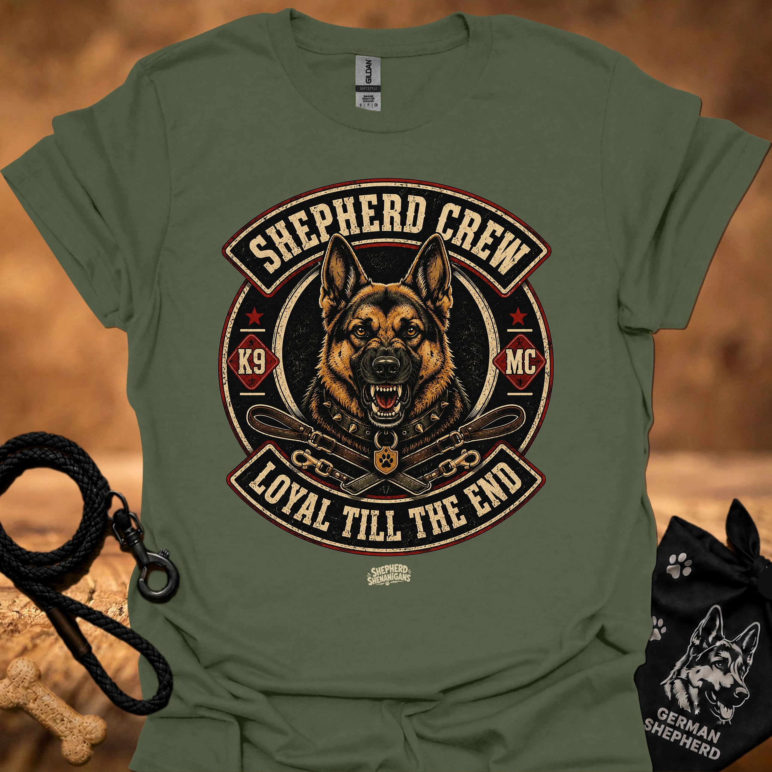 Military green crew neck T-shirt with large circular dog graphic on the chest