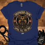 Navy crew neck T-shirt with large circular dog graphic centered on the chest