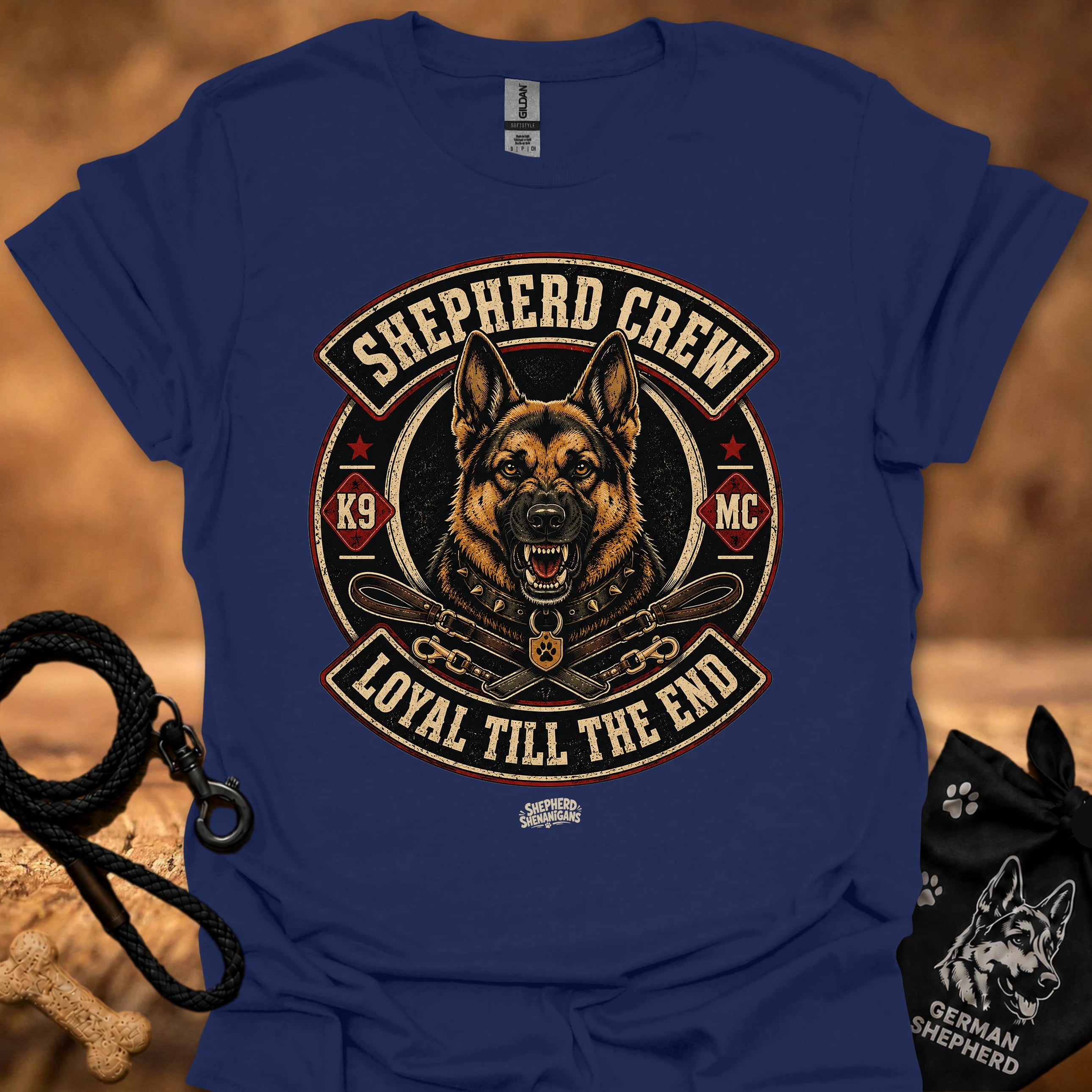 Navy crew neck T-shirt with large circular dog graphic centered on the chest