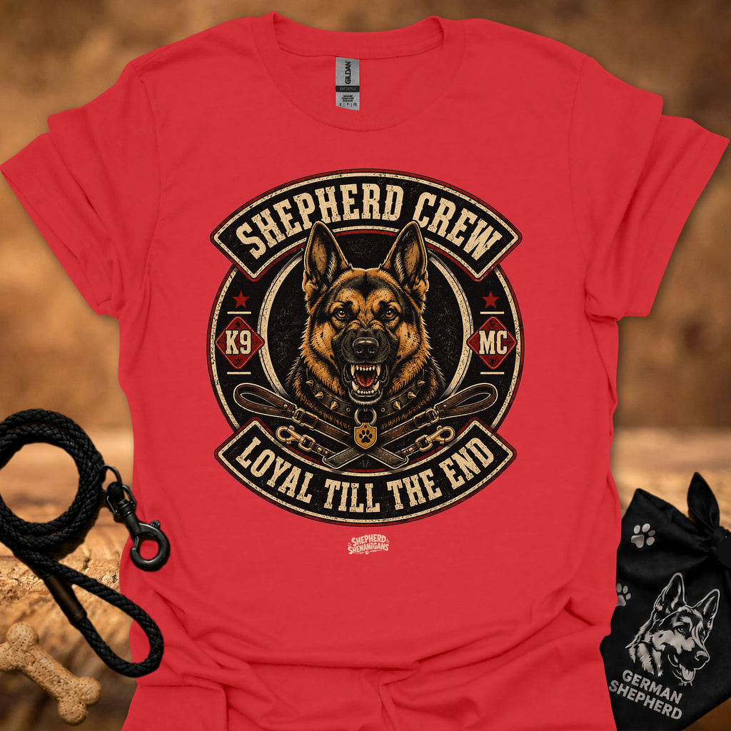 Red crew neck T-shirt with large circular dog graphic centered on the chest