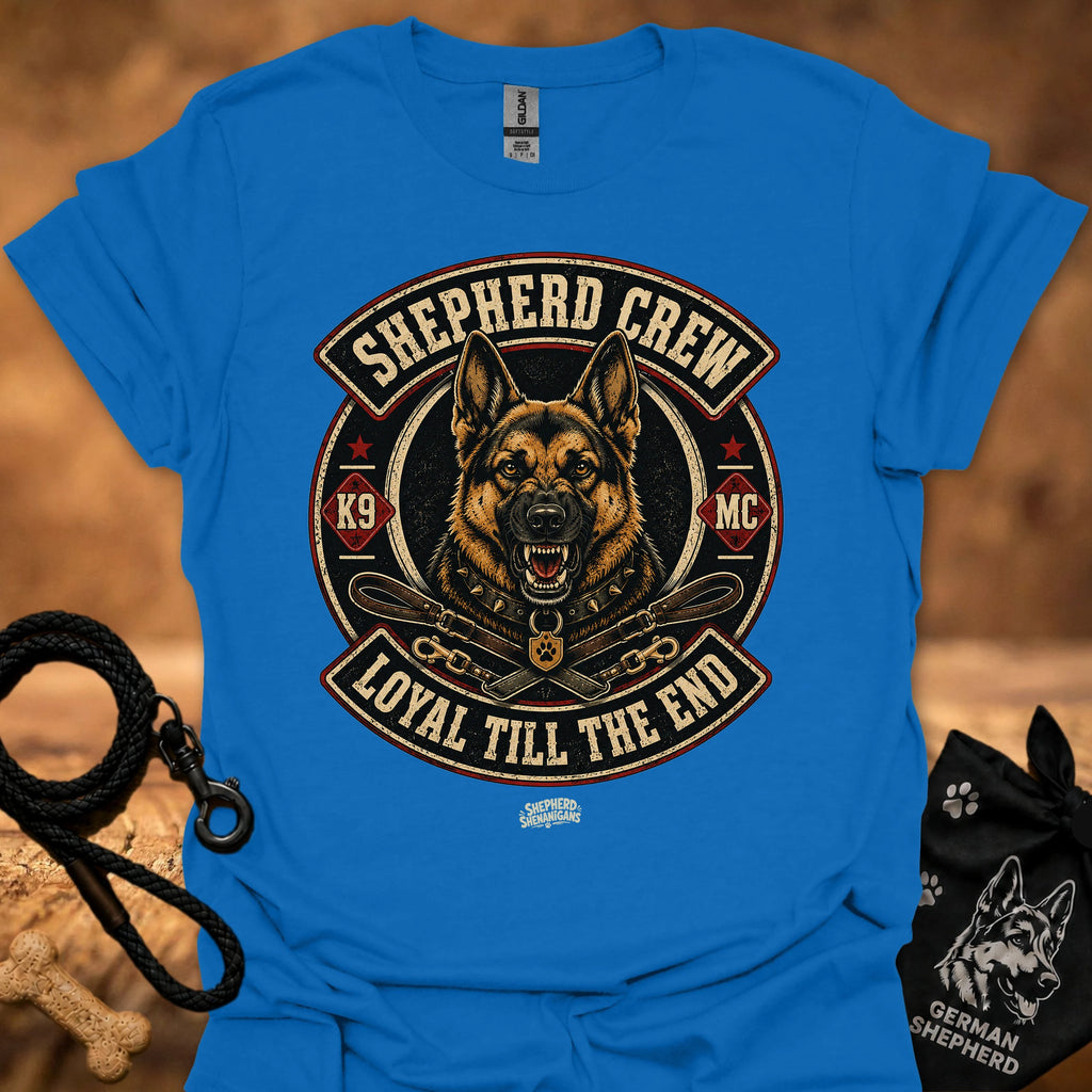 Royal blue crew neck T-shirt with large circular dog graphic on the chest