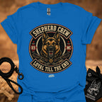 Royal blue crew neck T-shirt with large circular dog graphic on the chest