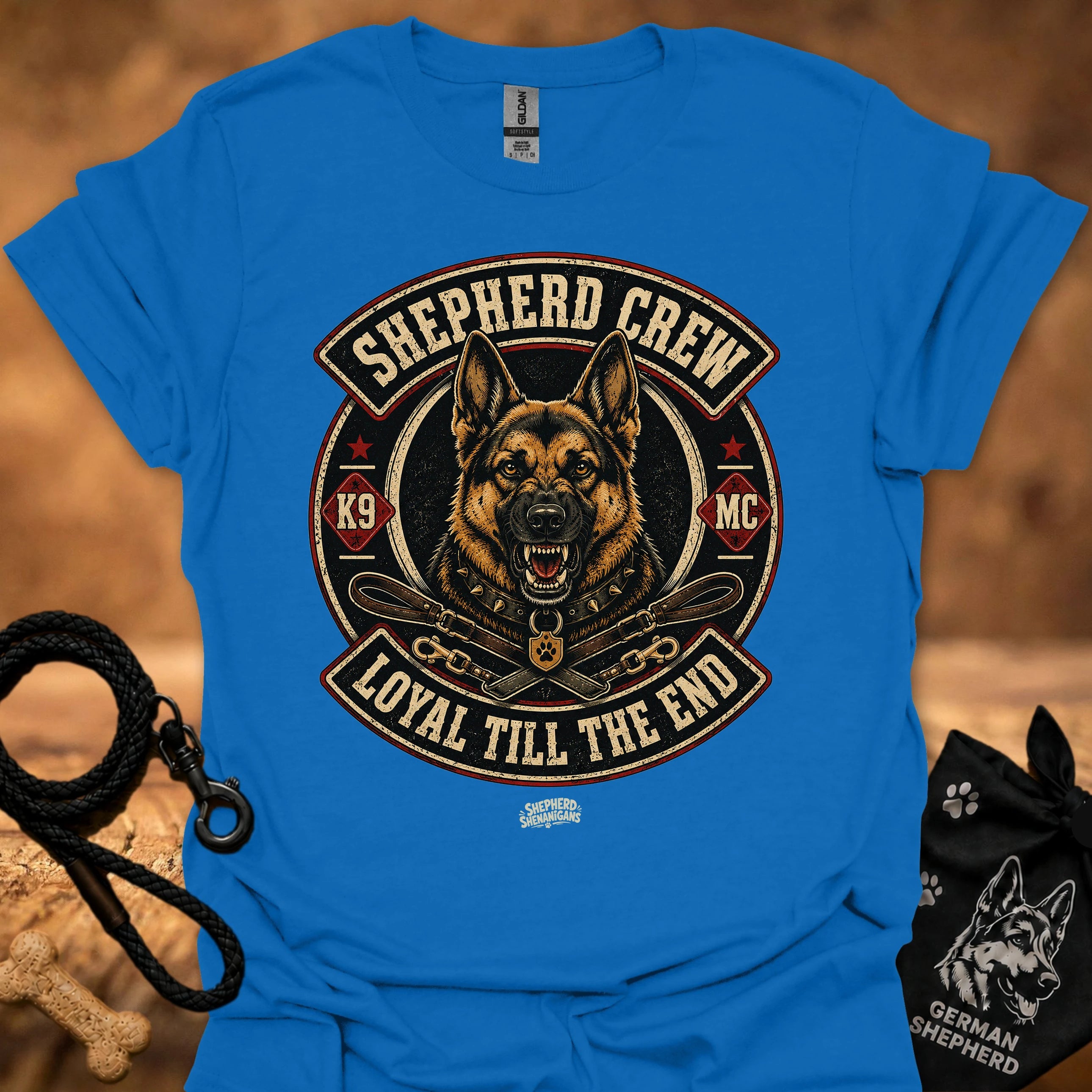 Royal blue crew neck T-shirt with large circular dog graphic on the chest