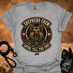 Heather grey crew neck T-shirt with large circular dog graphic on the chest