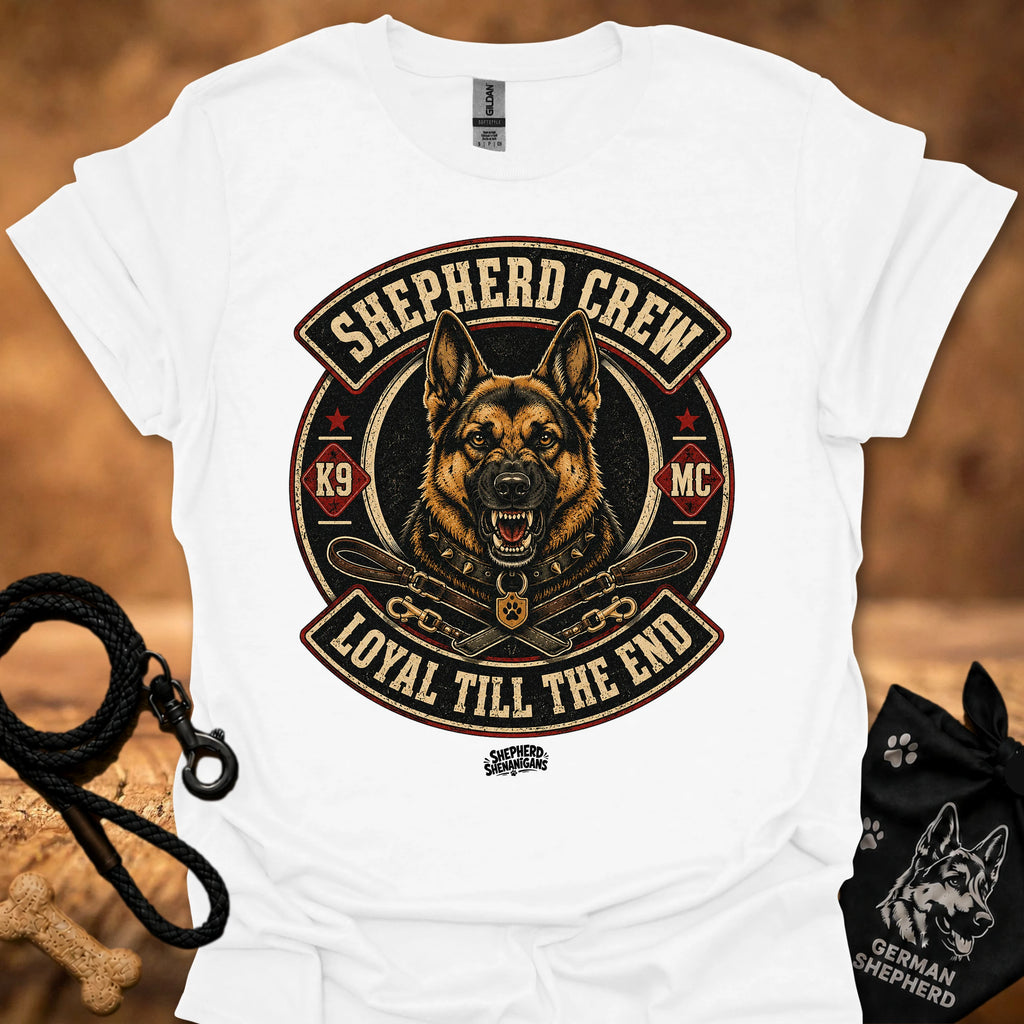 White crew neck T-shirt with large circular dog graphic centered on the chest