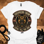 White crew neck T-shirt with large circular dog graphic centered on the chest
