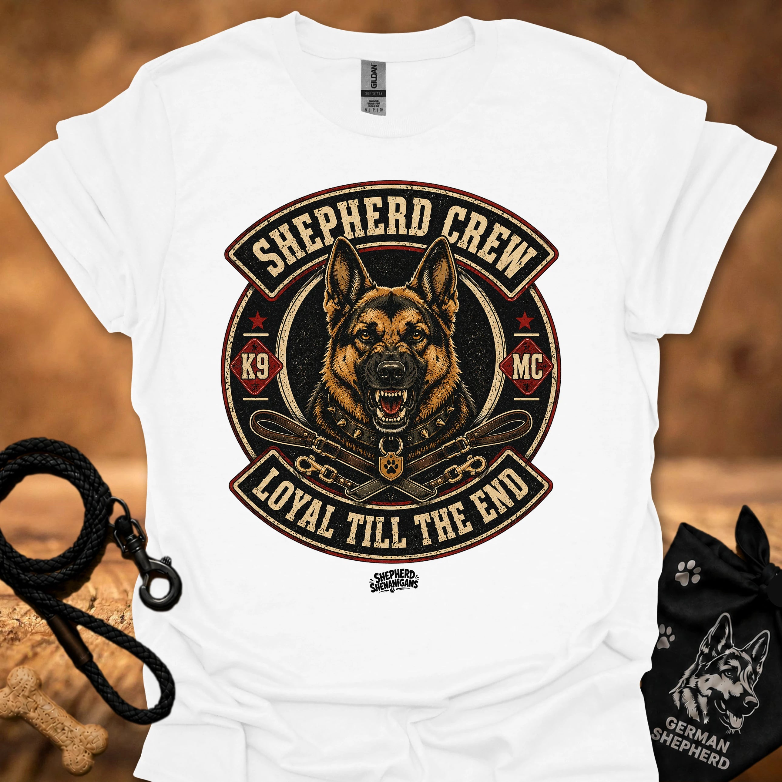 White crew neck T-shirt with large circular dog graphic centered on the chest