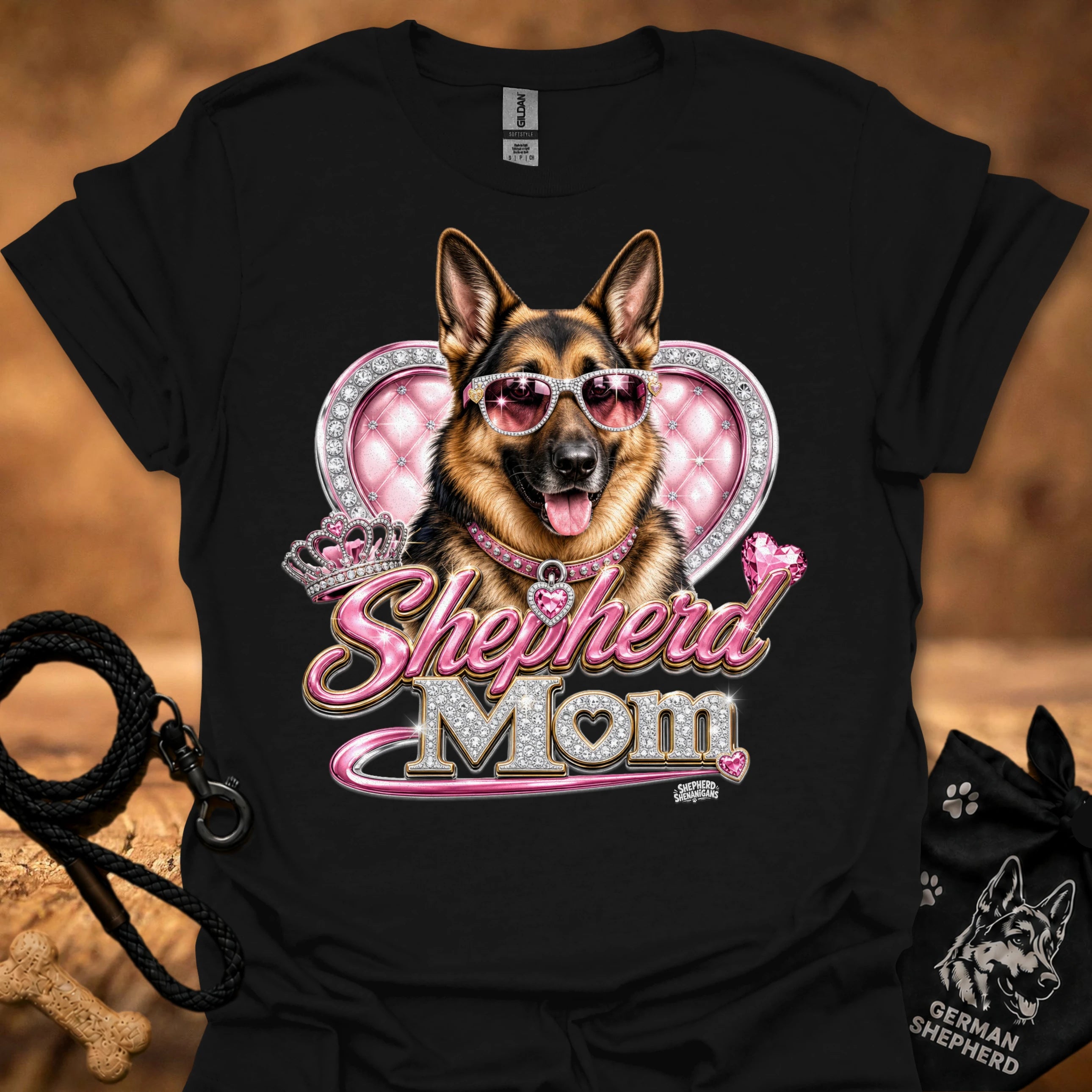 Black t-shirt with German shepherd sunglasses heart 'mom' graphic