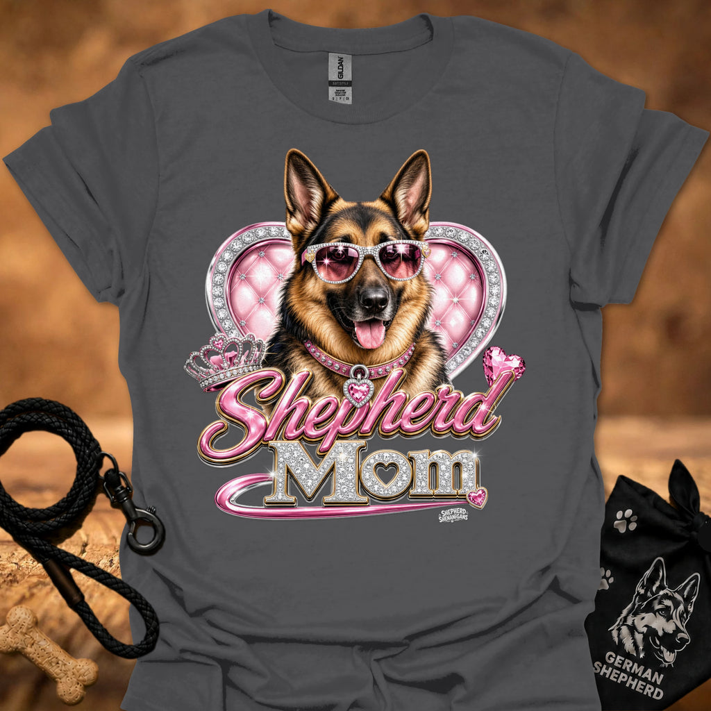 Charcoal t-shirt with German shepherd sunglasses heart 'mom' graphic