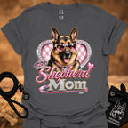 Charcoal t-shirt with German shepherd sunglasses heart 'mom' graphic