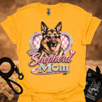 Gold t-shirt with German shepherd sunglasses heart 'mom' graphic