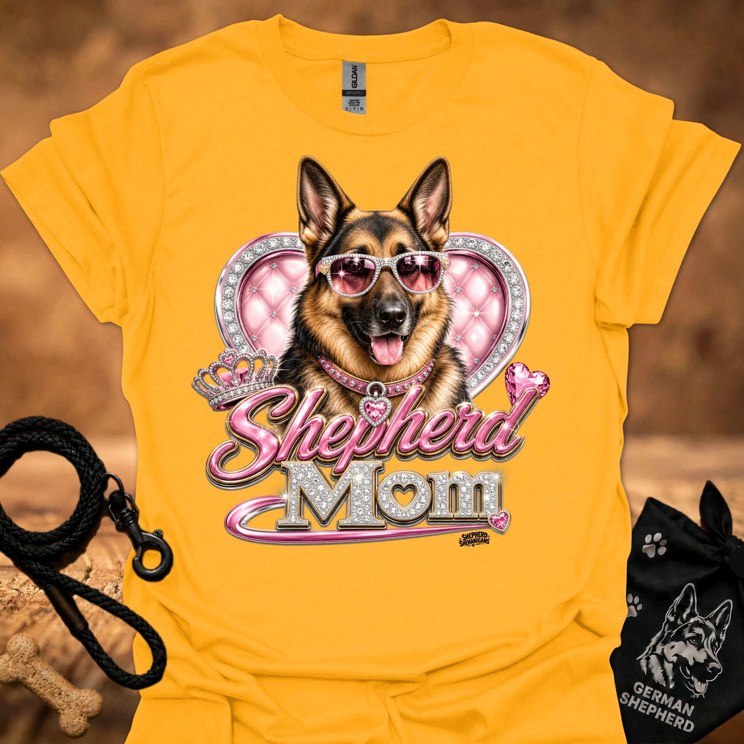 Gold t-shirt with German shepherd sunglasses heart 'mom' graphic