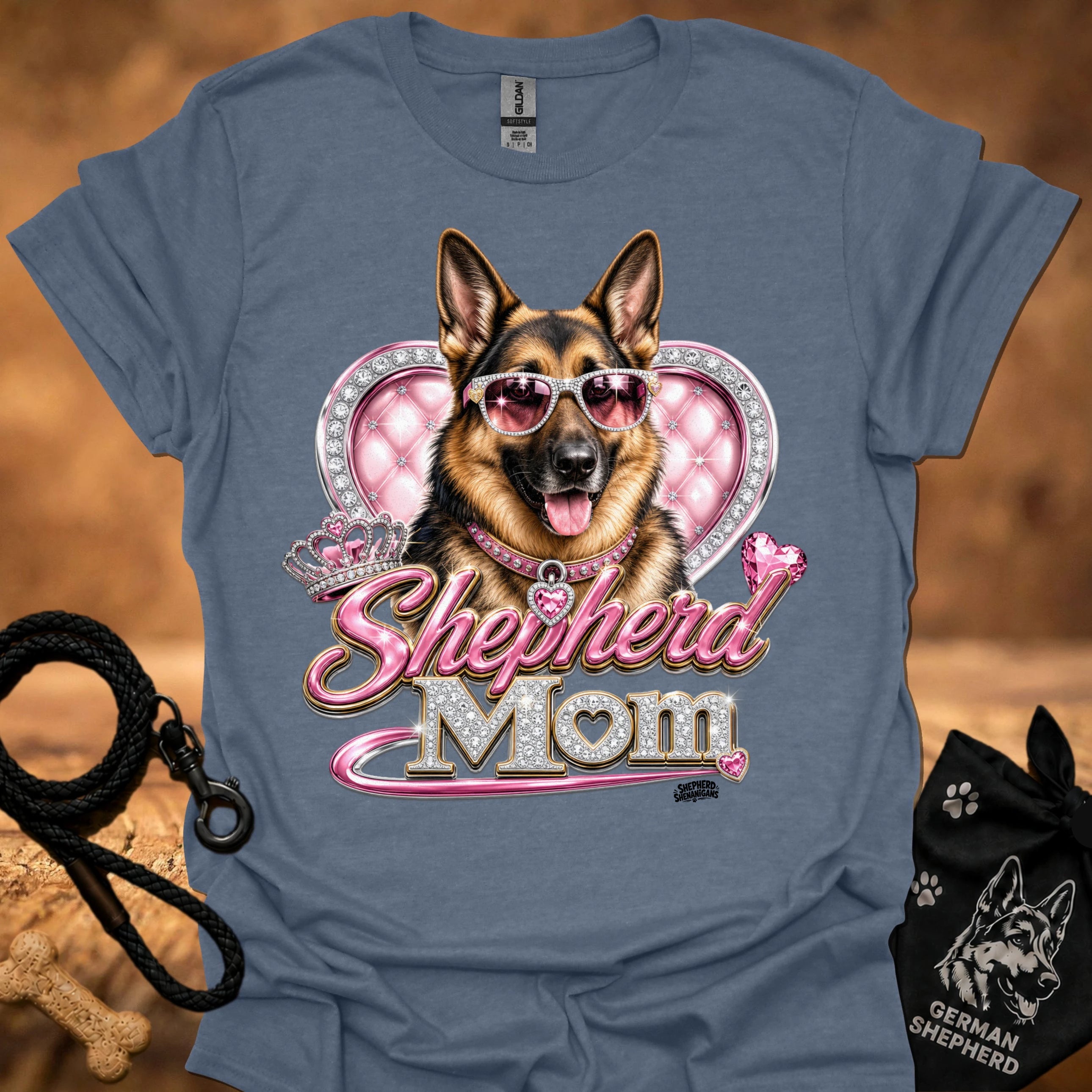 Heathered blue t-shirt with German shepherd sunglasses heart 'mom' graphic