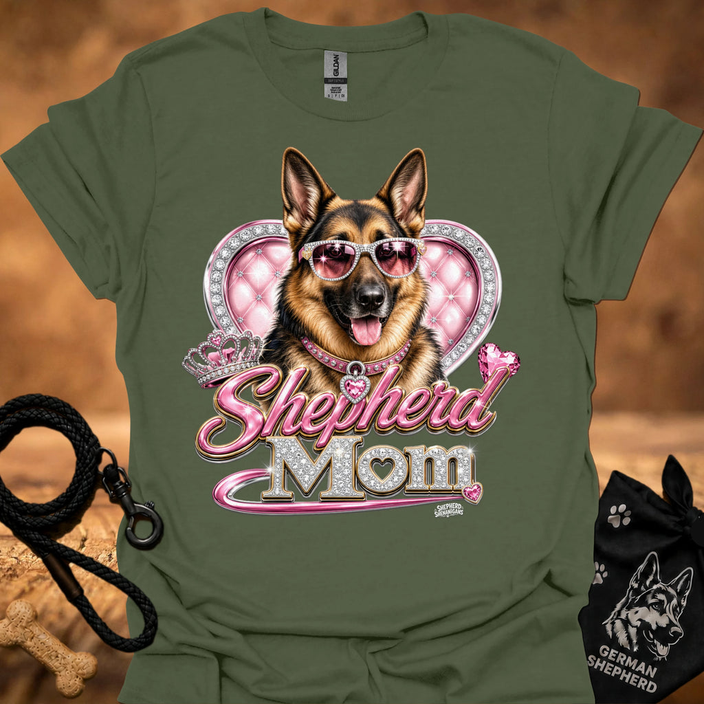 Military green t-shirt with German shepherd sunglasses heart 'mom' graphic