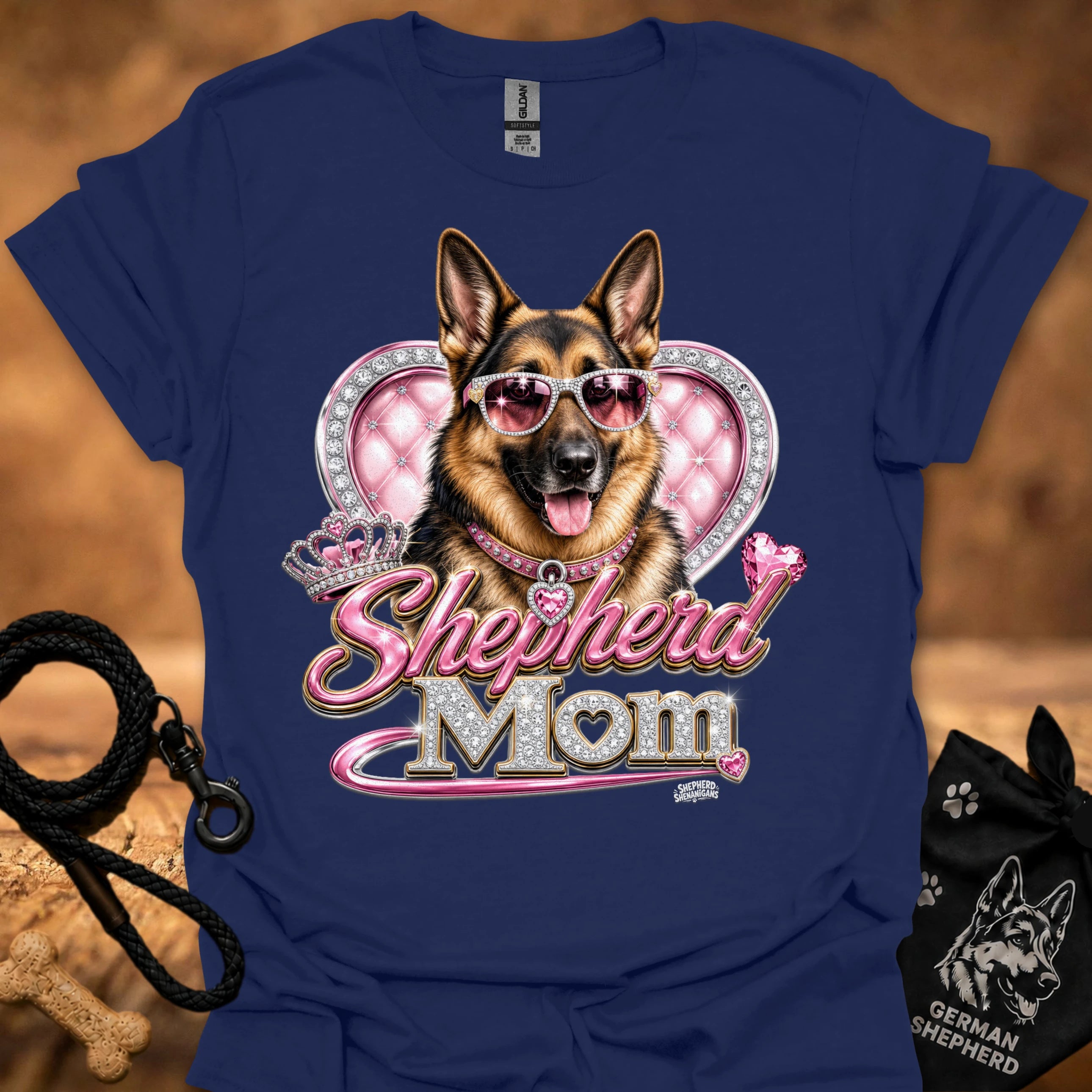 Navy t-shirt with German shepherd sunglasses heart 'mom' graphic