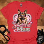 Red t-shirt with German shepherd sunglasses heart 'mom' graphic