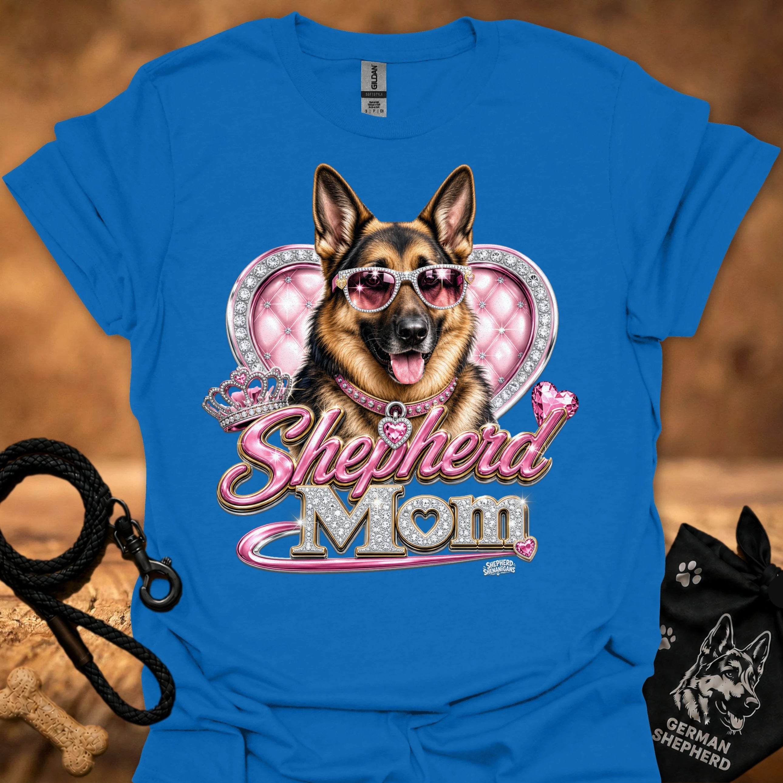 Royal blue t-shirt with German shepherd sunglasses heart 'mom' graphic