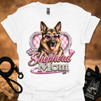 White t-shirt with German shepherd sunglasses heart 'mom' graphic