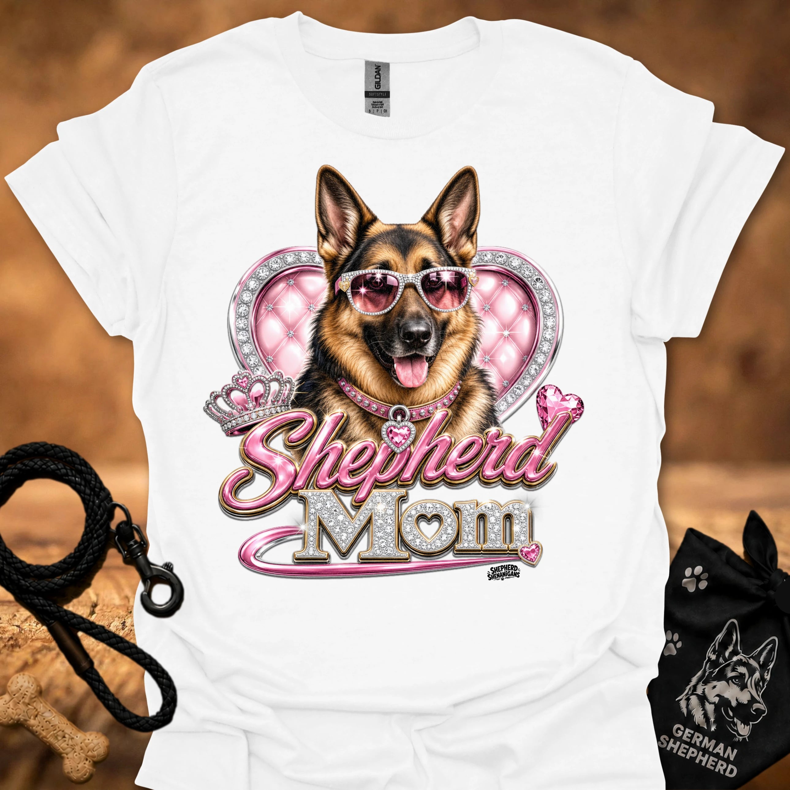 White t-shirt with German shepherd sunglasses heart 'mom' graphic