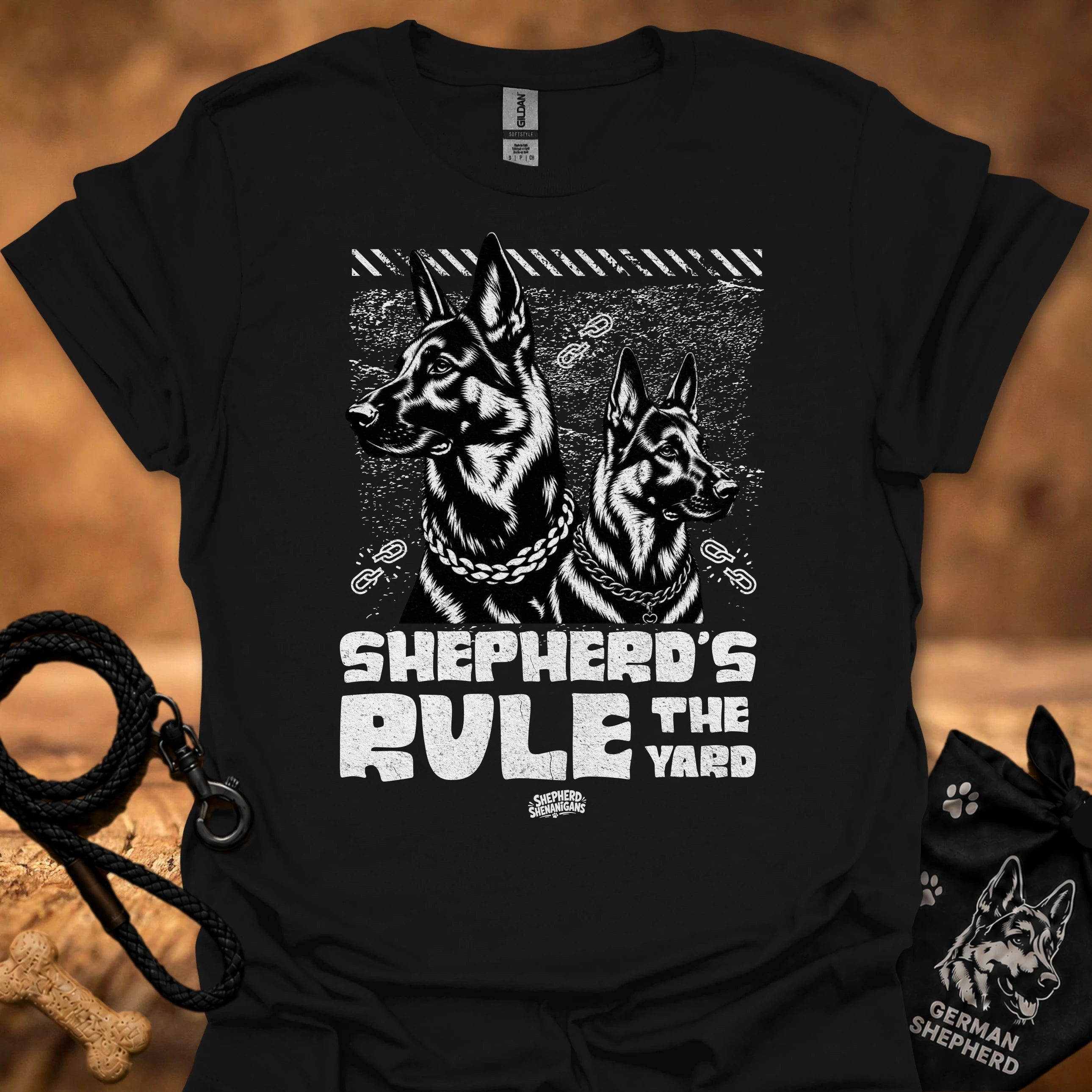 Black T-shirt with two German shepherd graphic and bold chest text