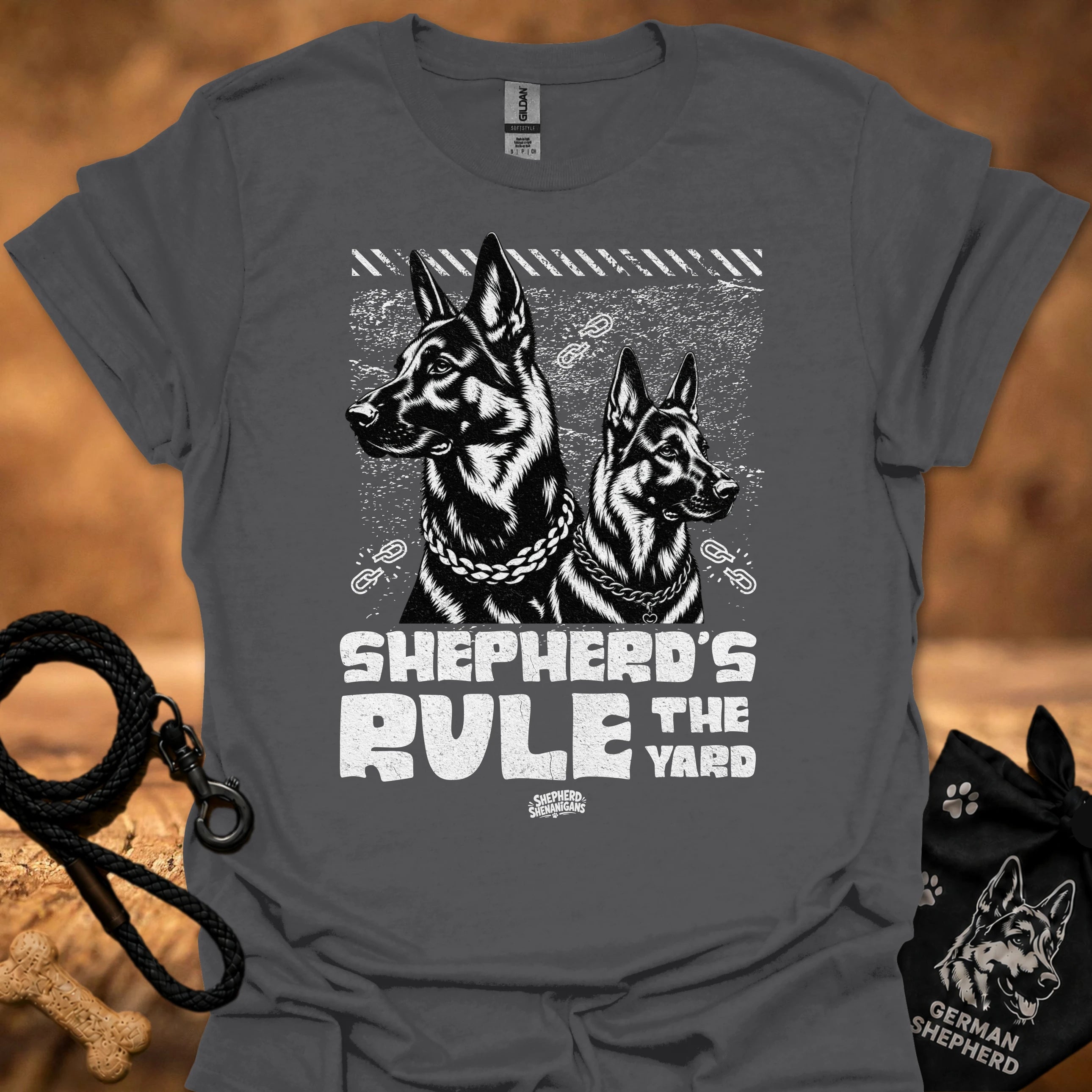 Charcoal gray T-shirt with two German shepherd graphic and bold chest text