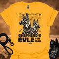 Gold T-shirt with two German shepherd graphic and bold chest text