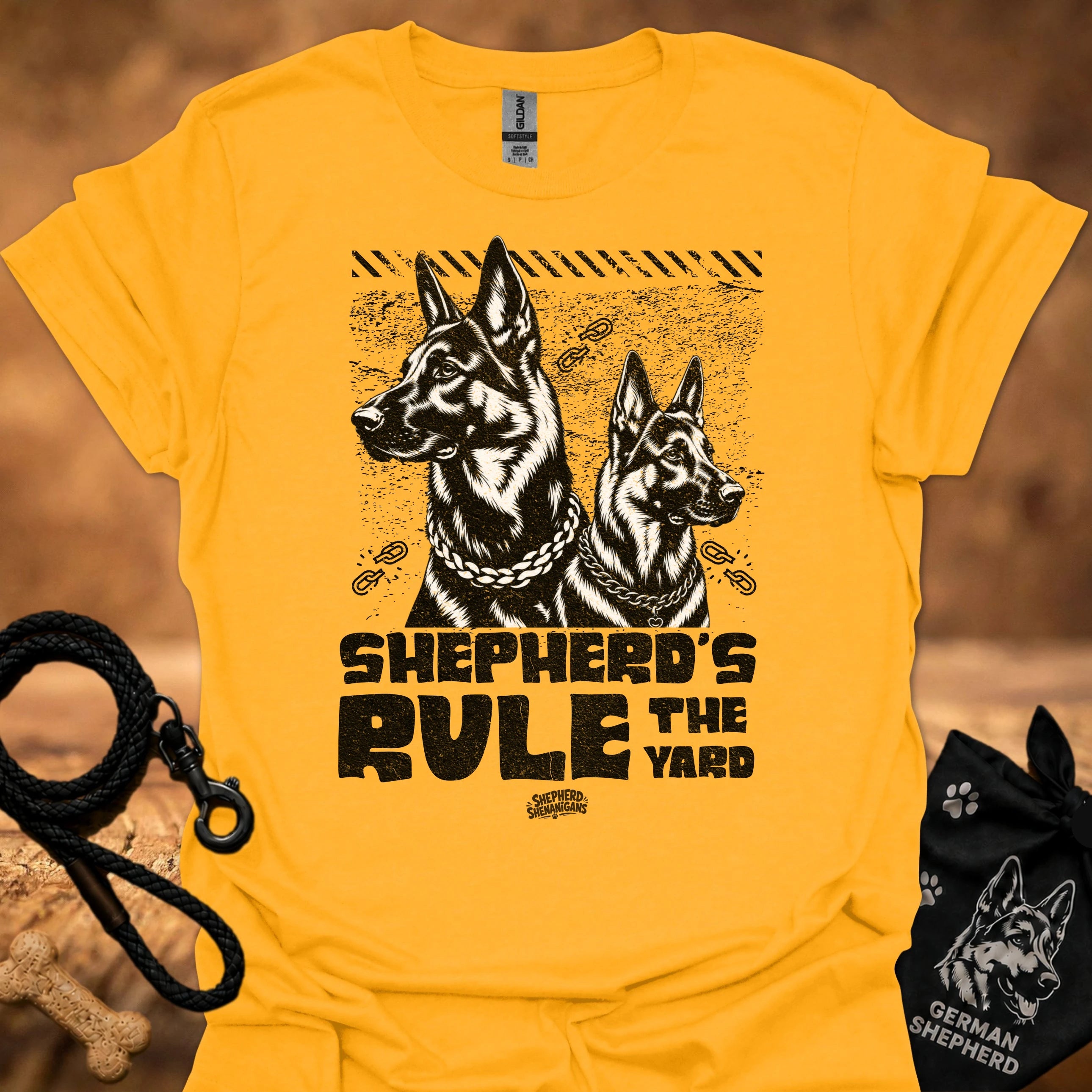 Gold T-shirt with two German shepherd graphic and bold chest text