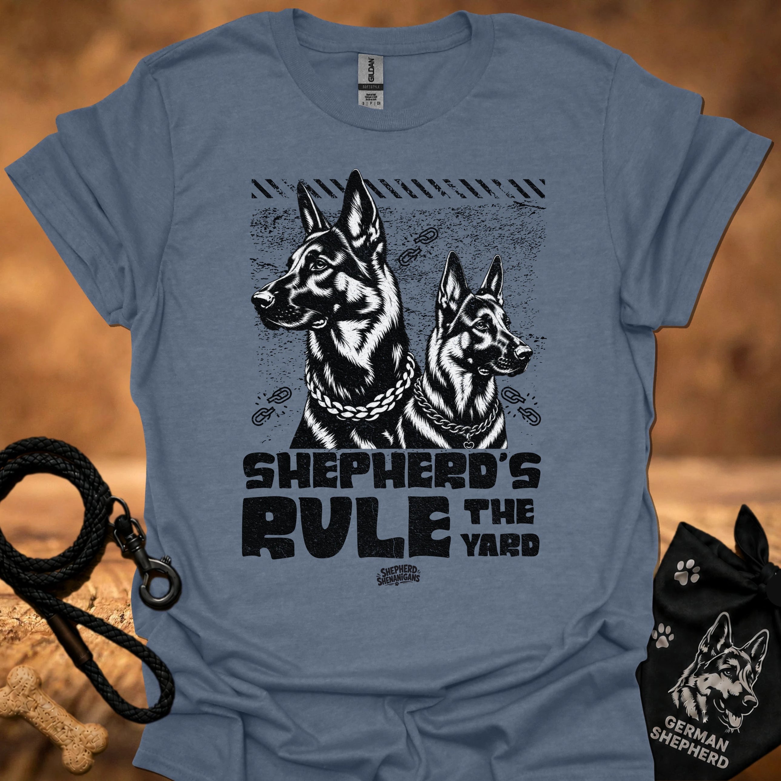Heather indigo T-shirt with two German shepherd graphic and bold chest text