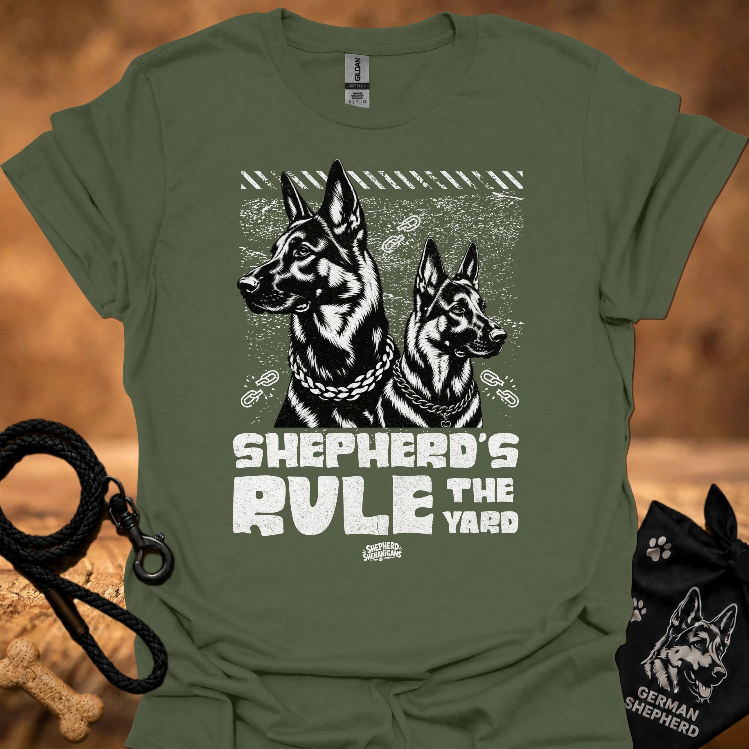 Military green T-shirt with two German shepherd graphic and bold chest text
