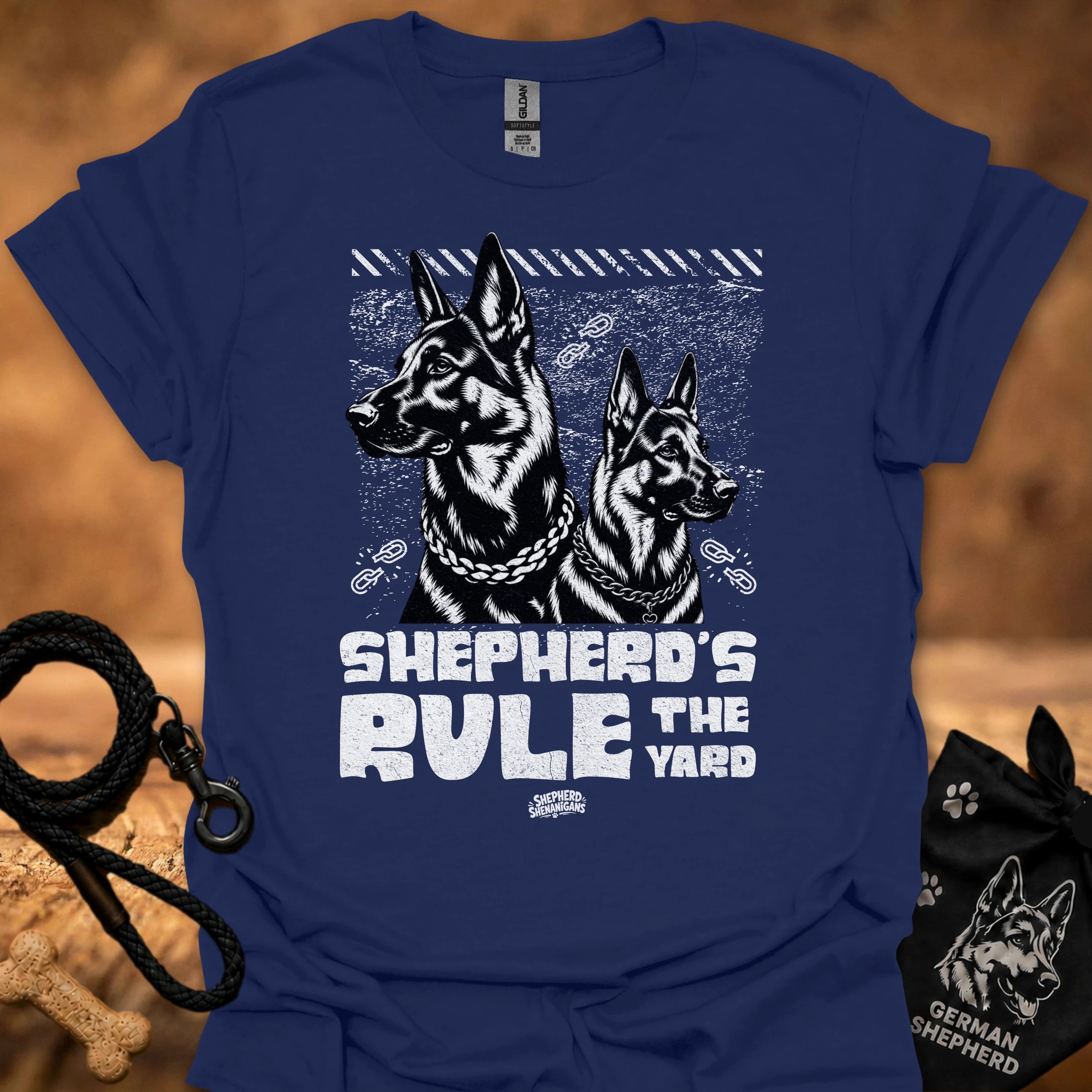 Royal blue T-shirt with two German shepherd graphic and bold chest text