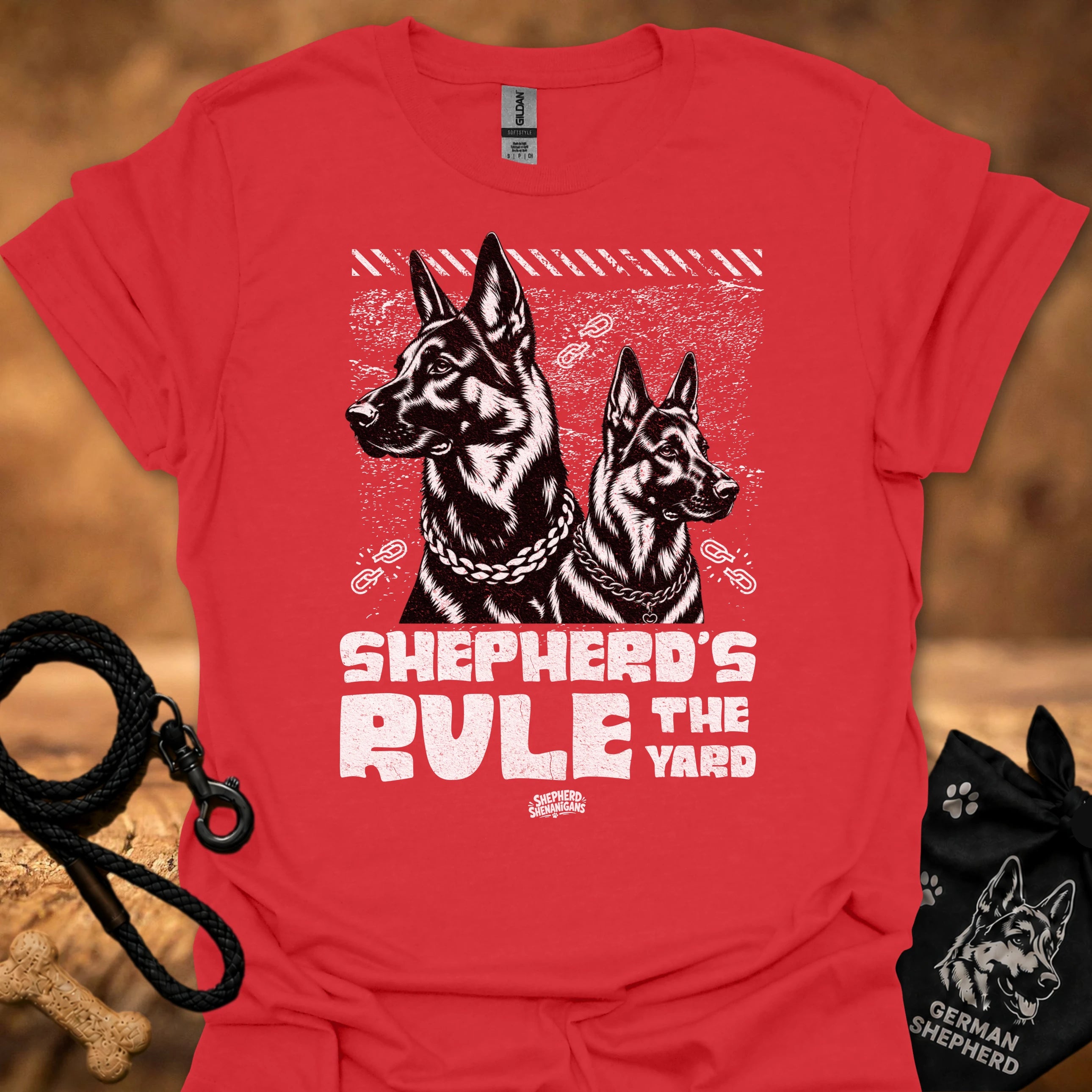 Red T-shirt with two German shepherd graphic and bold chest text